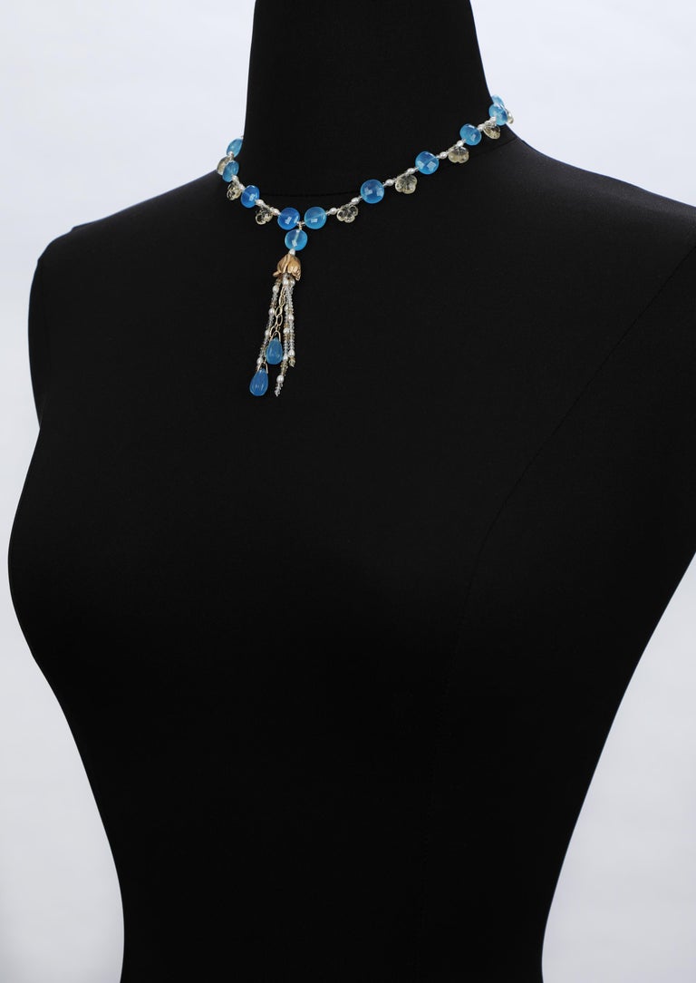 Women's or Men's Choker Necklace with Tassel: Blue Chalcedony, Topaz, Pearl, and Gold  For Sale