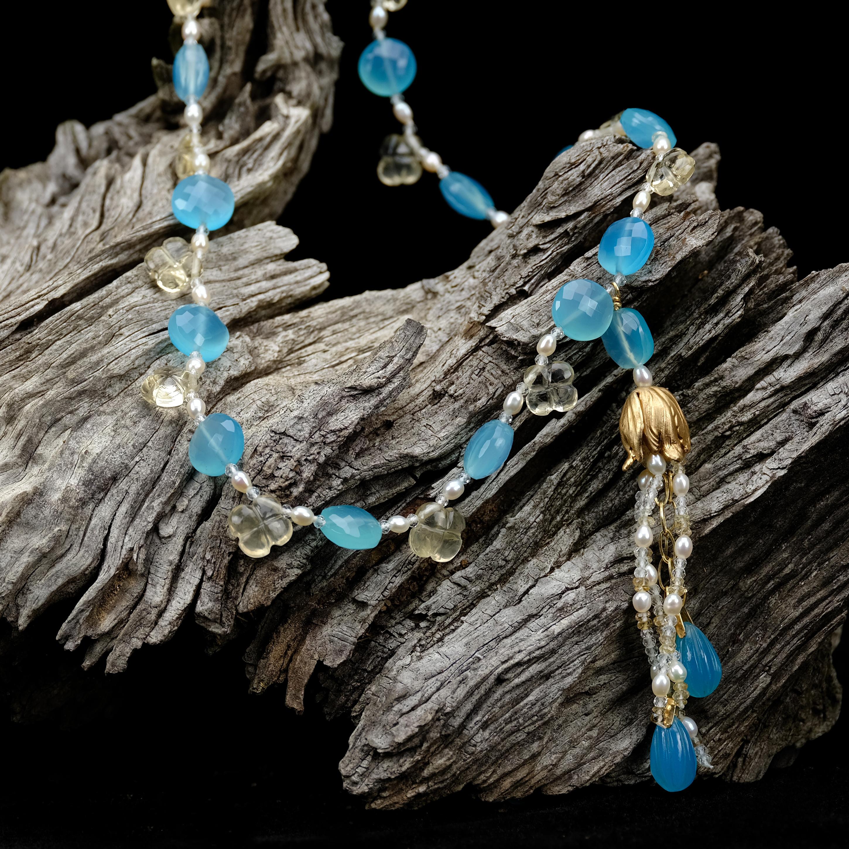 Contemporary Blue Chalcedony, Scapolite, White Topaz, Pearl, and Yellow Gold Necklace For Sale