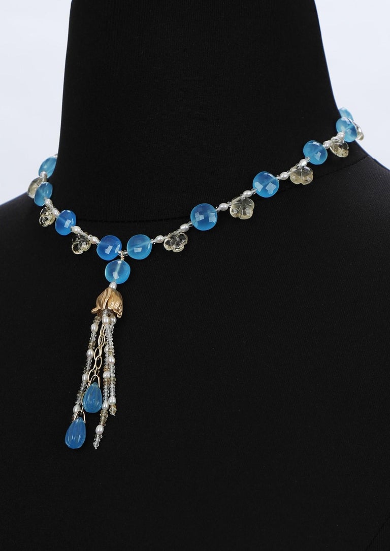 Choker Necklace with Tassel: Blue Chalcedony, Topaz, Pearl, and Gold  For Sale 1