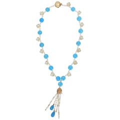 Blue Chalcedony, Scapolite, White Topaz, Pearl, and Yellow Gold Necklace