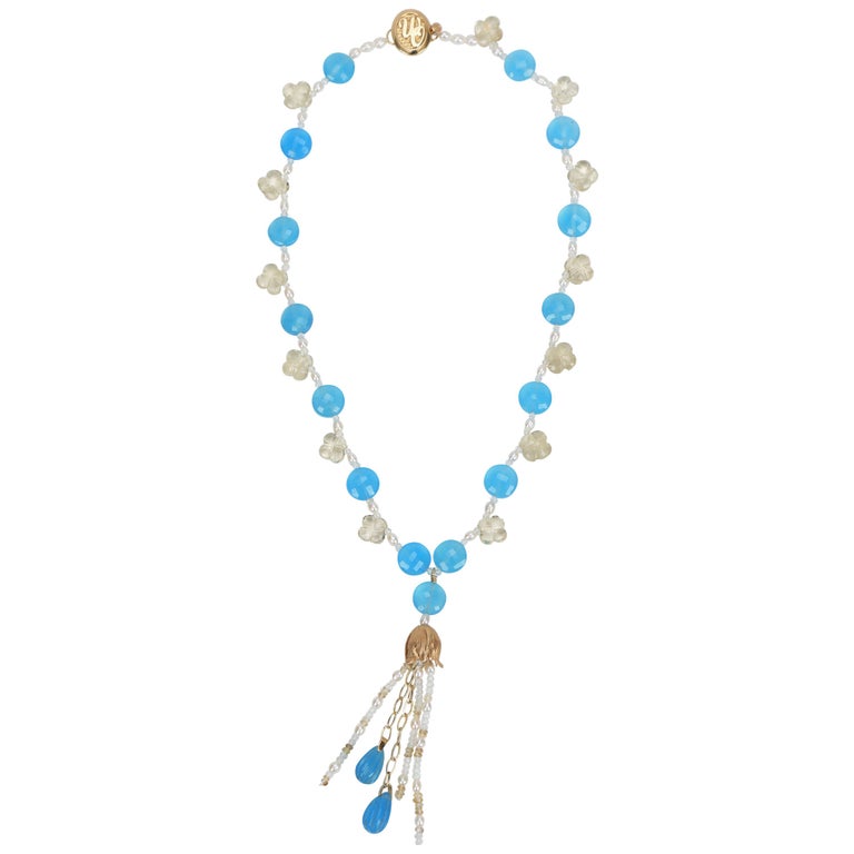 Choker Necklace with Tassel: Blue Chalcedony, Topaz, Pearl, and Gold  For Sale