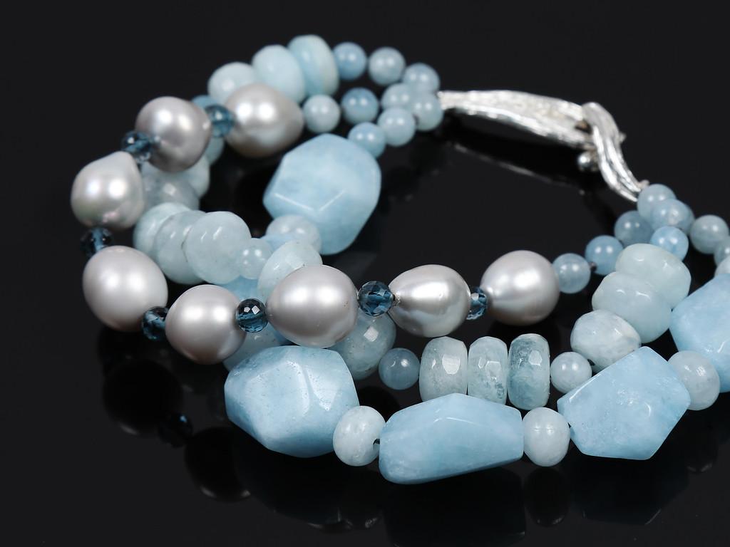 Contemporary White Orchid Studio Beaded Bracelet Aqua Topaz Pearls Silver