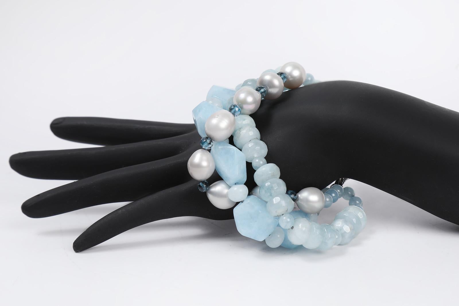 Women's White Orchid Studio Beaded Bracelet Aqua Topaz Pearls Silver