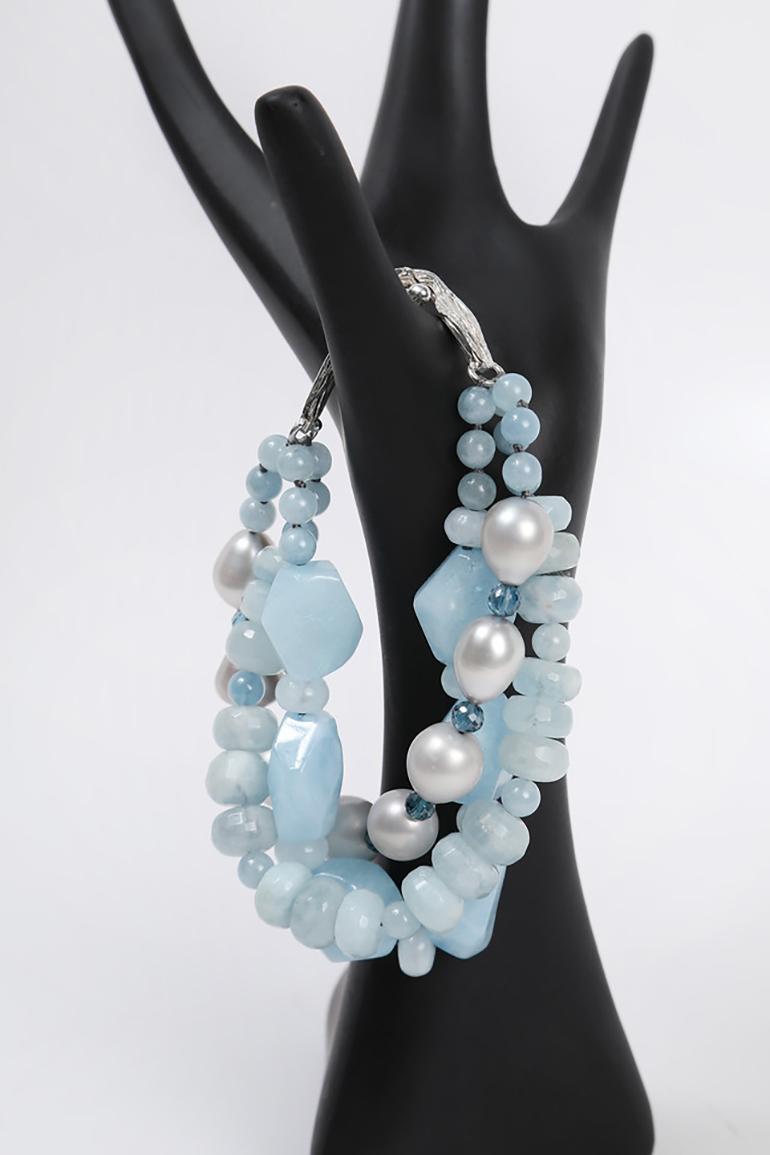 White Orchid Studio Beaded Bracelet Aqua Topaz Pearls Silver 1