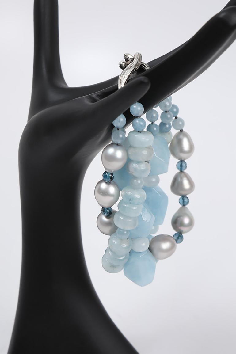 White Orchid Studio Beaded Bracelet Aqua Topaz Pearls Silver 3