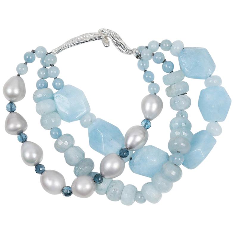White Orchid Studio Beaded Bracelet Aqua Topaz Pearls Silver