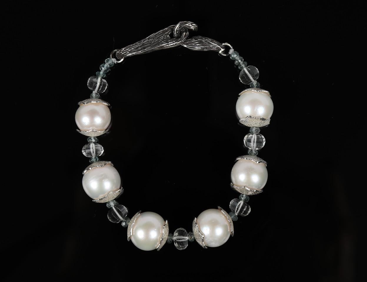 Contemporary Pearl, Prasiolite, Apatite, and Silver Bracelet For Sale