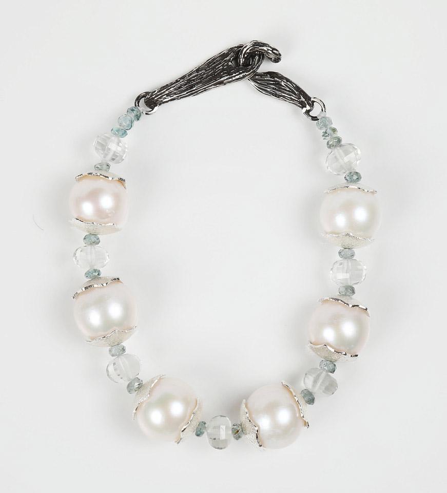 Pearl, Prasiolite, Apatite, and Silver Bracelet In New Condition For Sale In Athens, GA