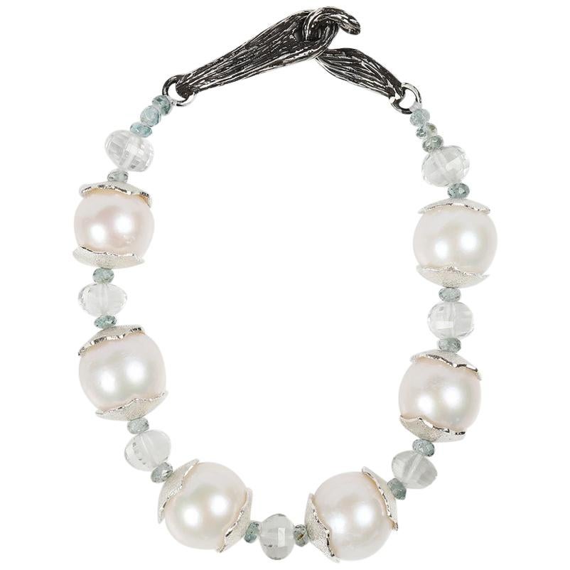Pearl, Prasiolite, Apatite, and Silver Bracelet