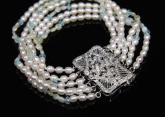 Pearl, Blue Topaz, Chrysoberyl, Diamonds, and White Gold Bracelet