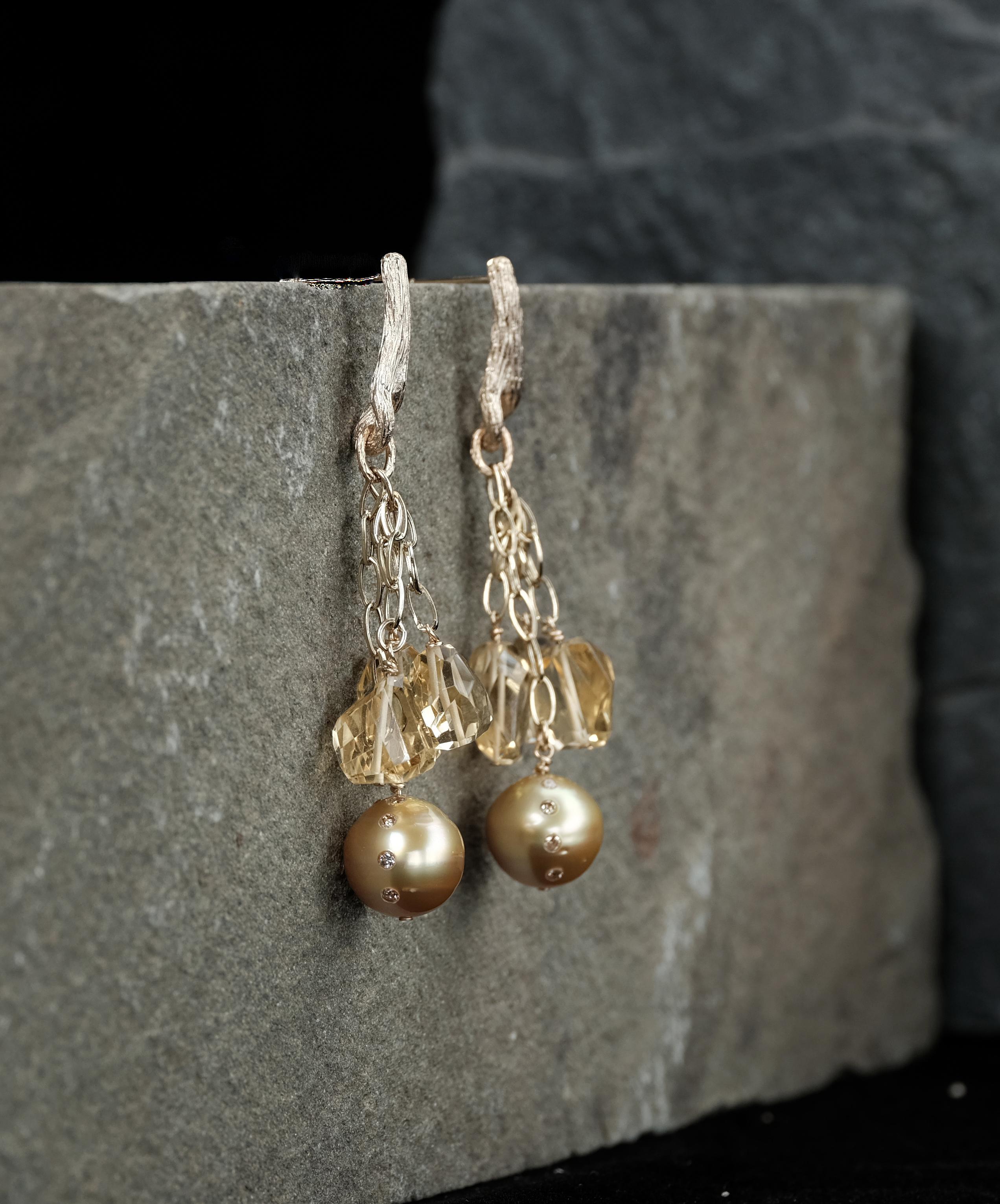 South sea pearl, diamond, citrine, and gold chandelier earrings speak to romantics and rebels alike.  Creatives, leaders, and nonconformists love combining gems in unexpected ways, like citrines, south sea pearls and diamonds.  