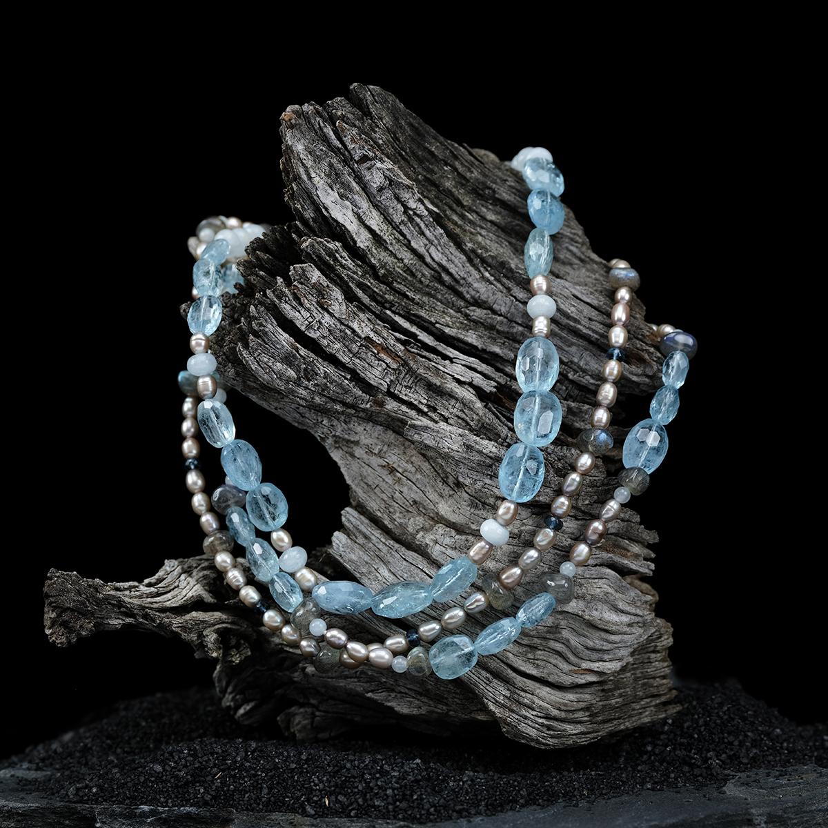 Contemporary Pearl, Aquamarine, Topaz, Labradorite, and White Gold Necklace For Sale