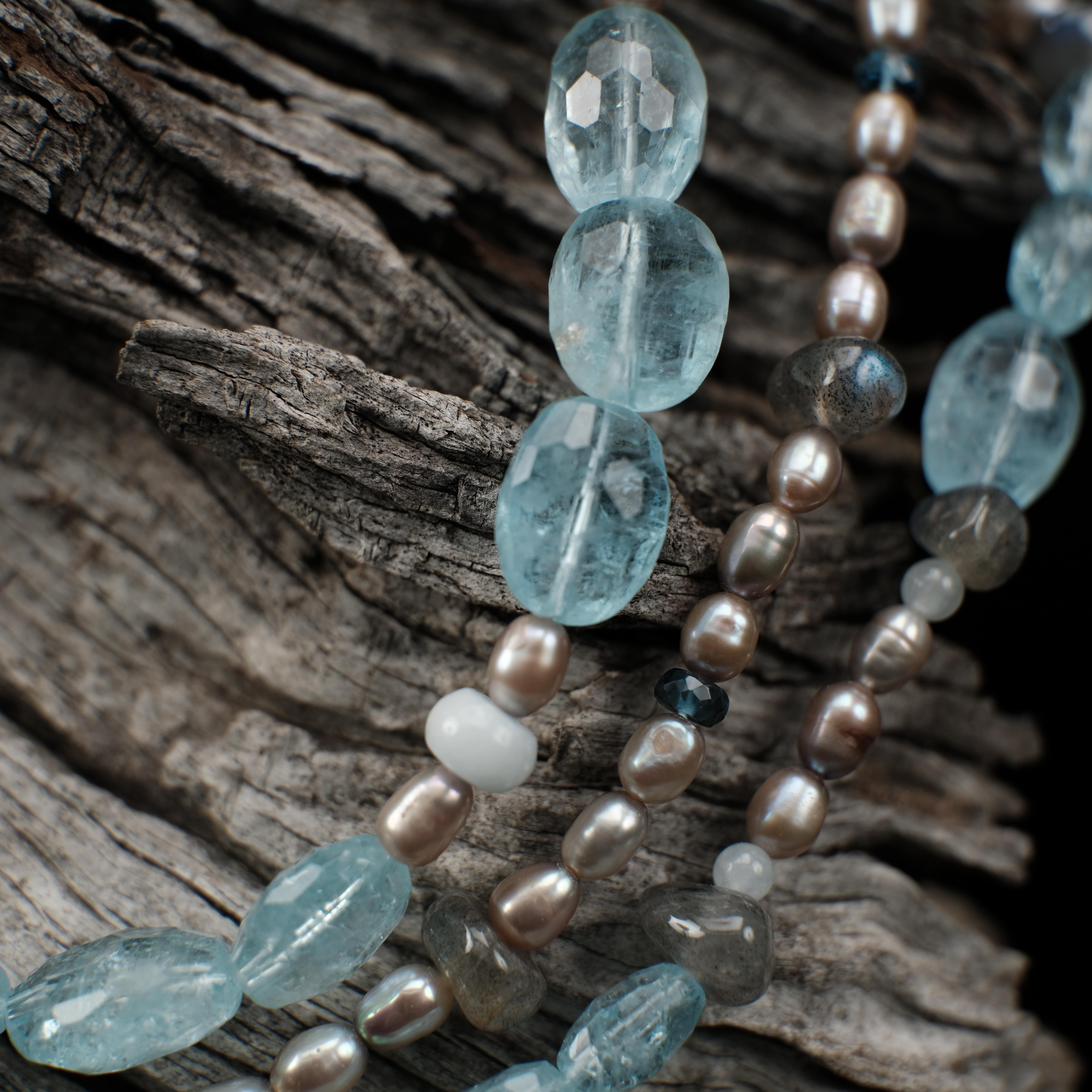 Bead Pearl, Aquamarine, Topaz, Labradorite, and White Gold Necklace For Sale