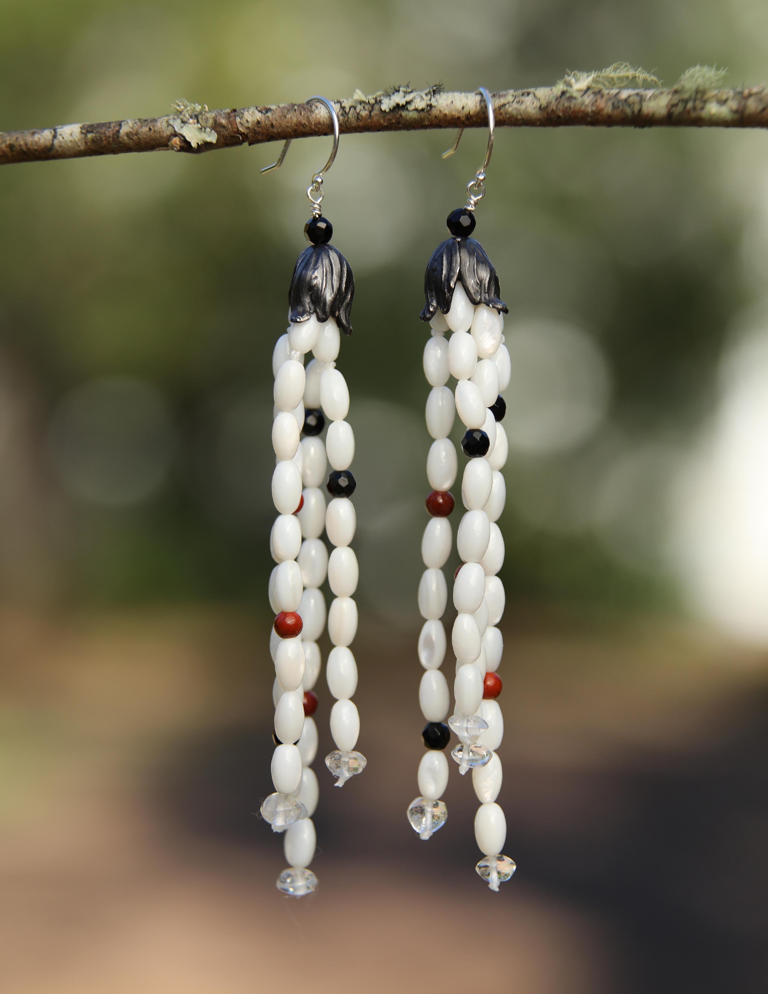 Contemporary Dangle Earrings: Mother of Pearl, Onyx, Jasper, and Silver 