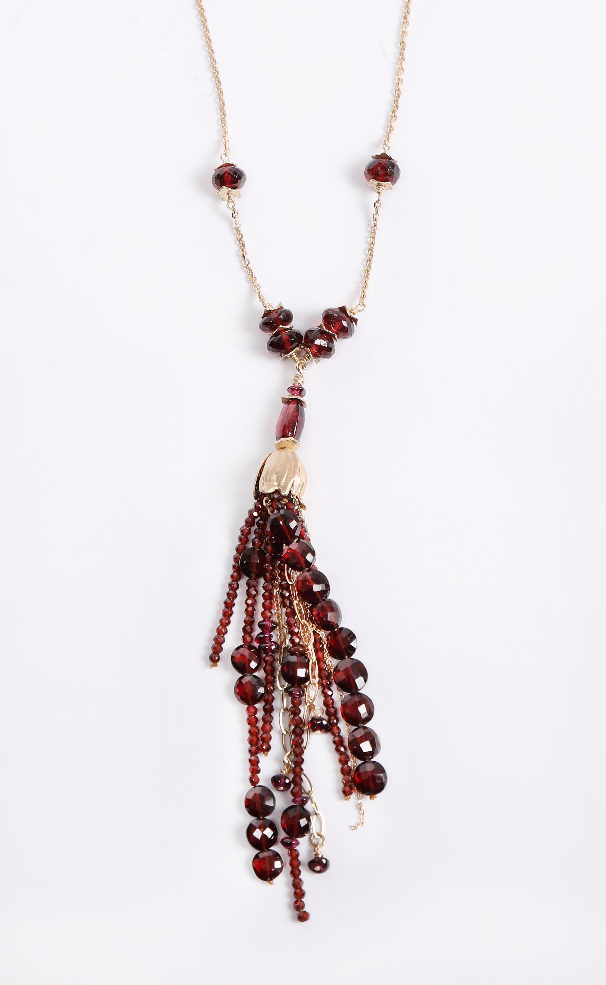 Tassel Necklace:  Garnet and Gold  In New Condition For Sale In Athens, GA