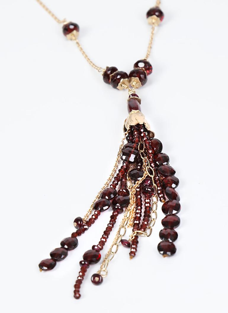 Bead Tassel Necklace:  Garnet and Gold  For Sale