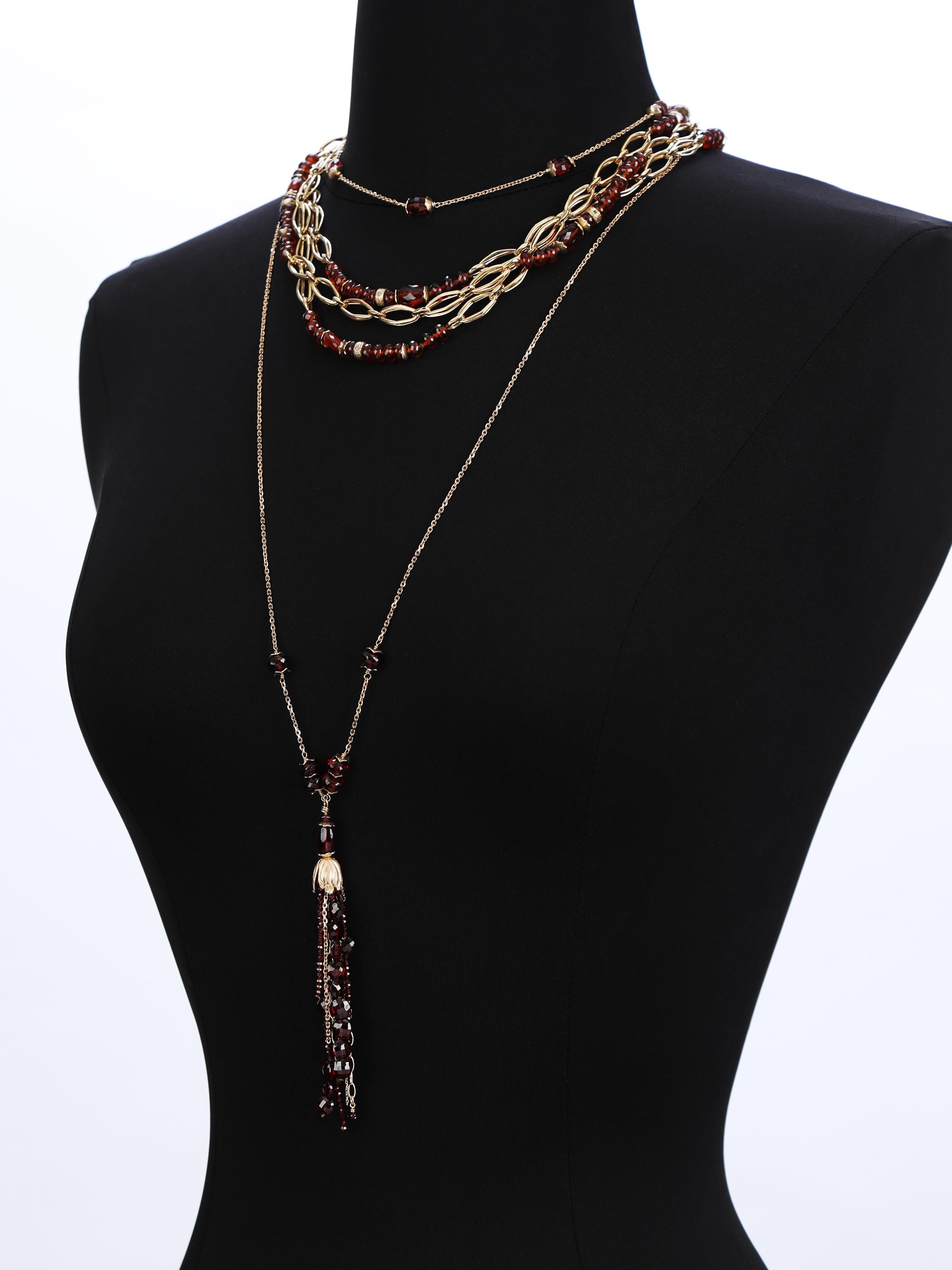 Women's Tassel Necklace:  Garnet and Gold  For Sale