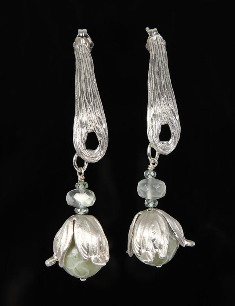 If you love transitions, this earring of jade, Ceylon moonstone, Champagne zircon, and silver is perfect.  