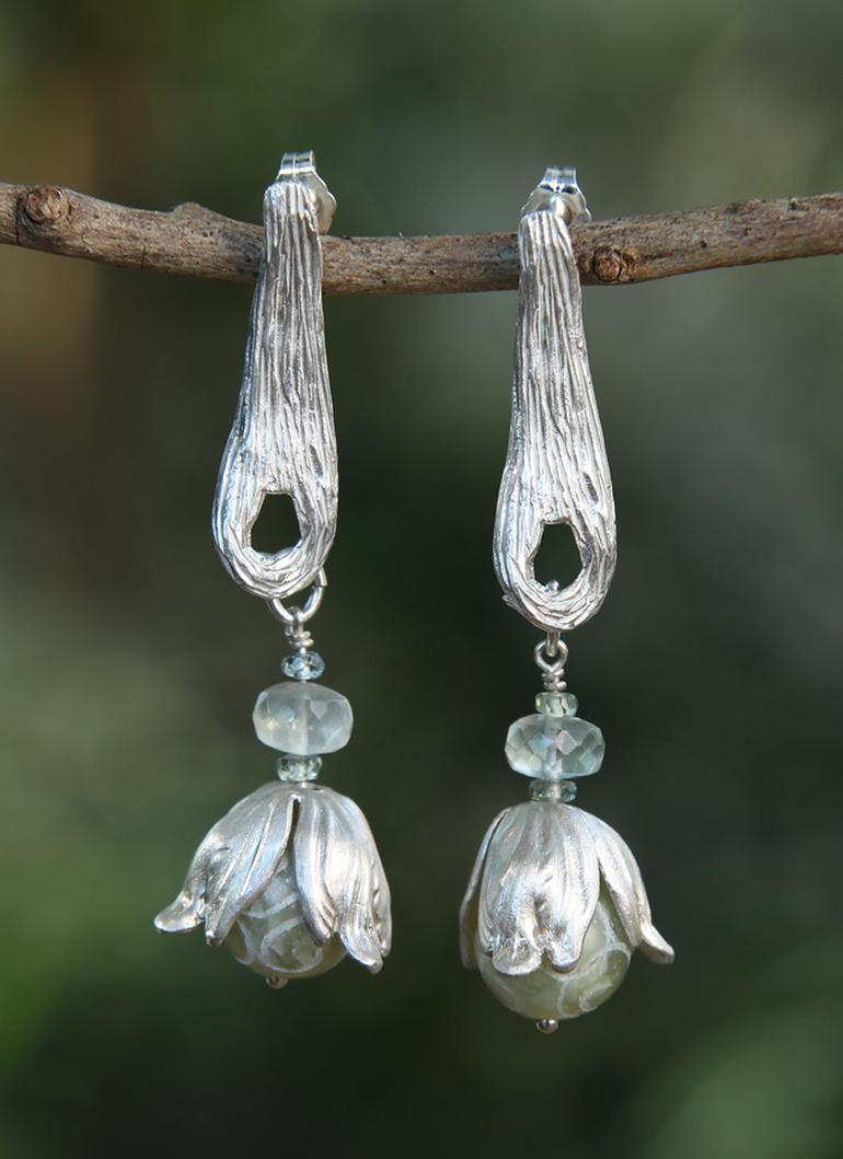 Contemporary Jade, Ceylon Moonstone, Champagne Zircon, and Silver Earring For Sale