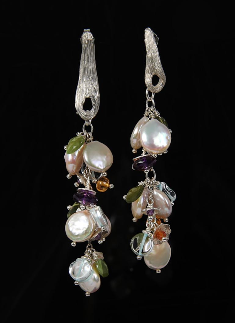 Pearl, aqua, garnet, amethyst, and silver earrings 