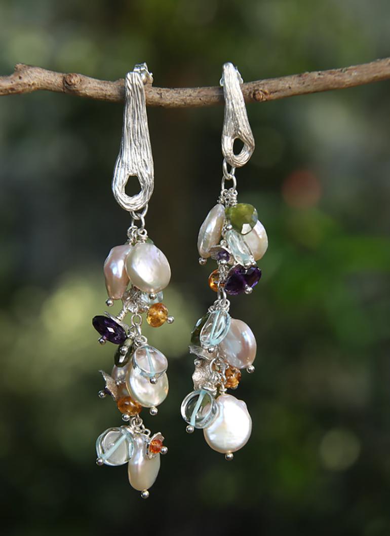 Contemporary Pearl, Aqua, Garnet, Amethyst, and Silver Earrings