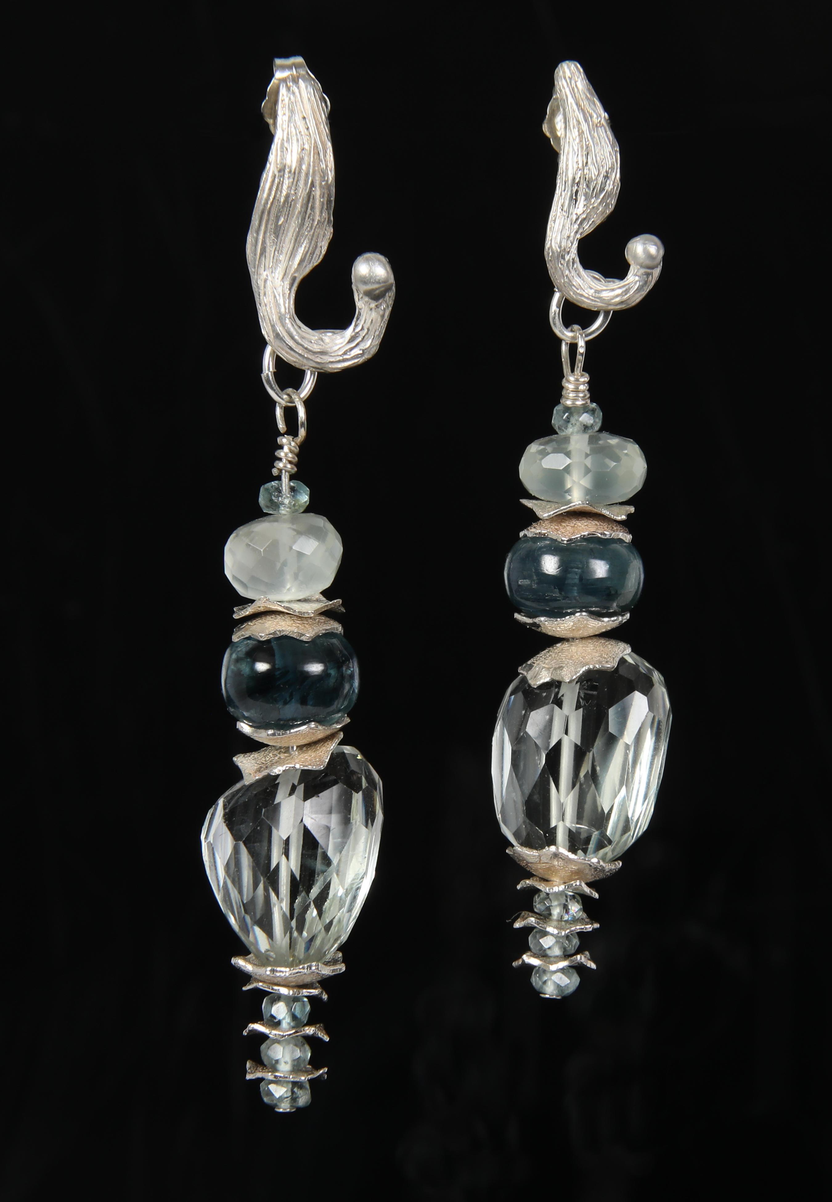 Contemporary White Orchid Studio Icy Teal Sky Prasiolite Kyanite Moonstone Silver Earring