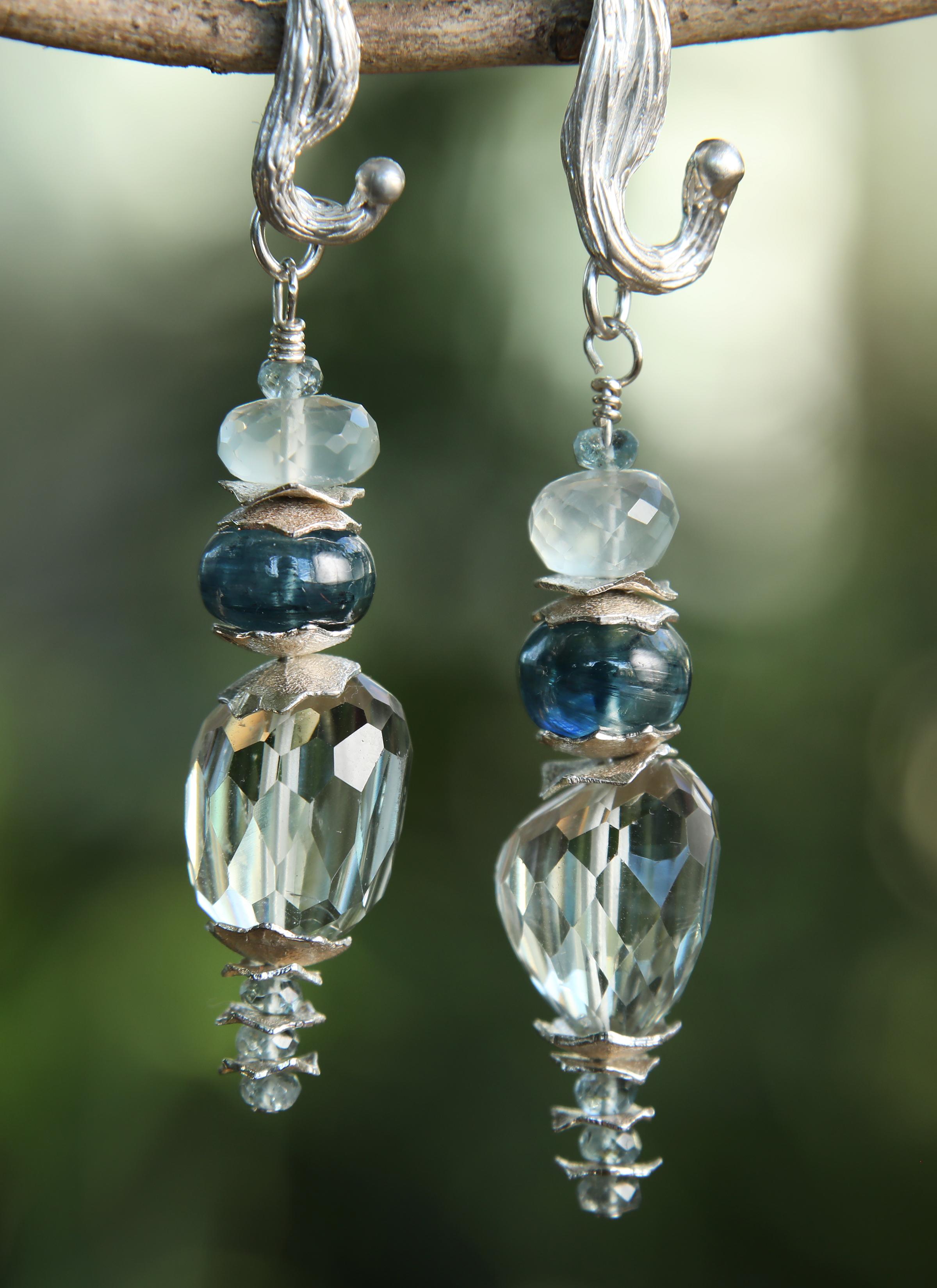 White Orchid Studio Icy Teal Sky Prasiolite Kyanite Moonstone Silver Earring In New Condition In Athens, GA