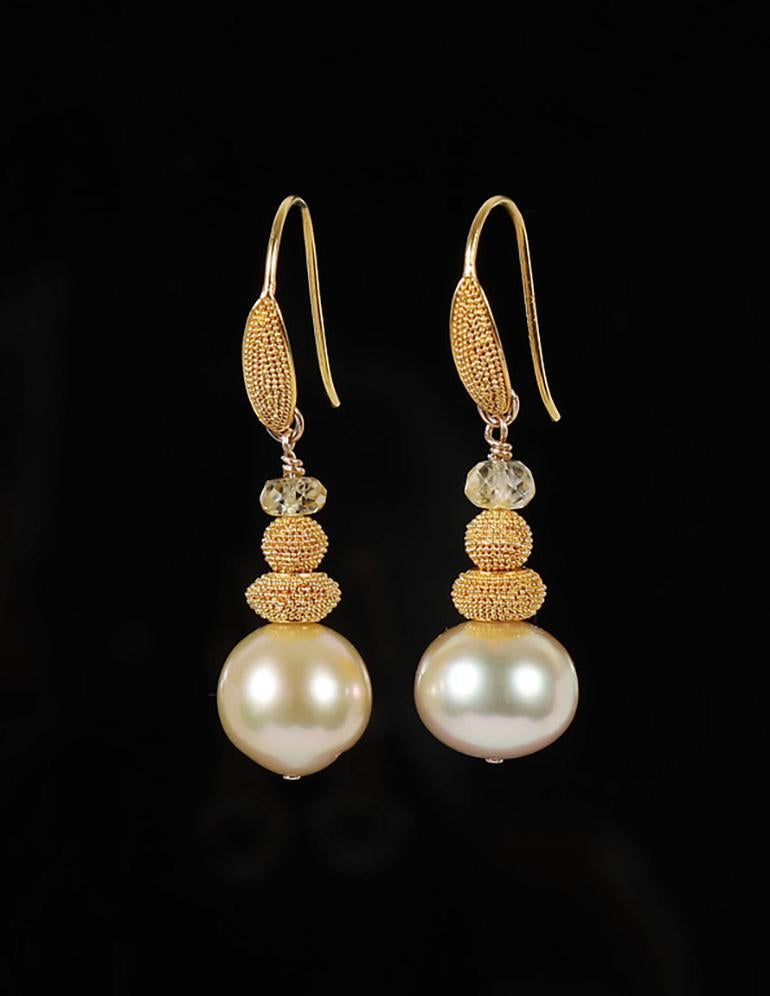 White Orchid Studio Drop Earrings South Sea Pearls Granulated Yellow Gold In New Condition In Athens, GA