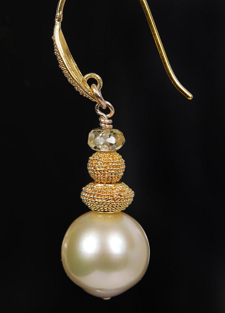 Women's White Orchid Studio Drop Earrings South Sea Pearls Granulated Yellow Gold