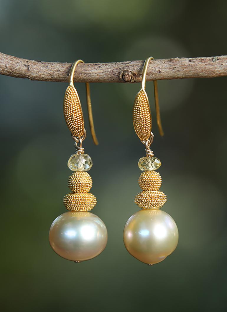 White Orchid Studio Drop Earrings South Sea Pearls Granulated Yellow Gold 1