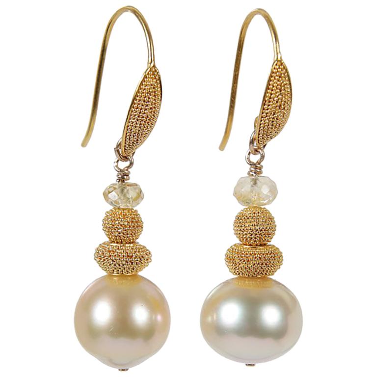 White Orchid Studio Drop Earrings South Sea Pearls Granulated Yellow Gold