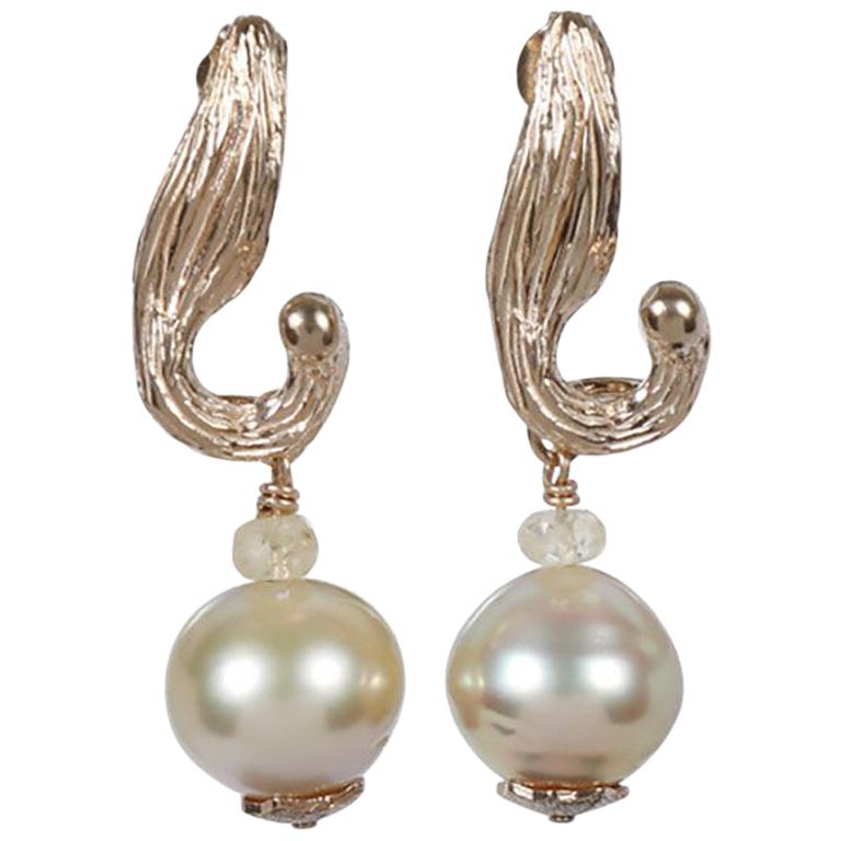 South Sea Pearl, Songea Sapphire, and Gold Earrings For Sale