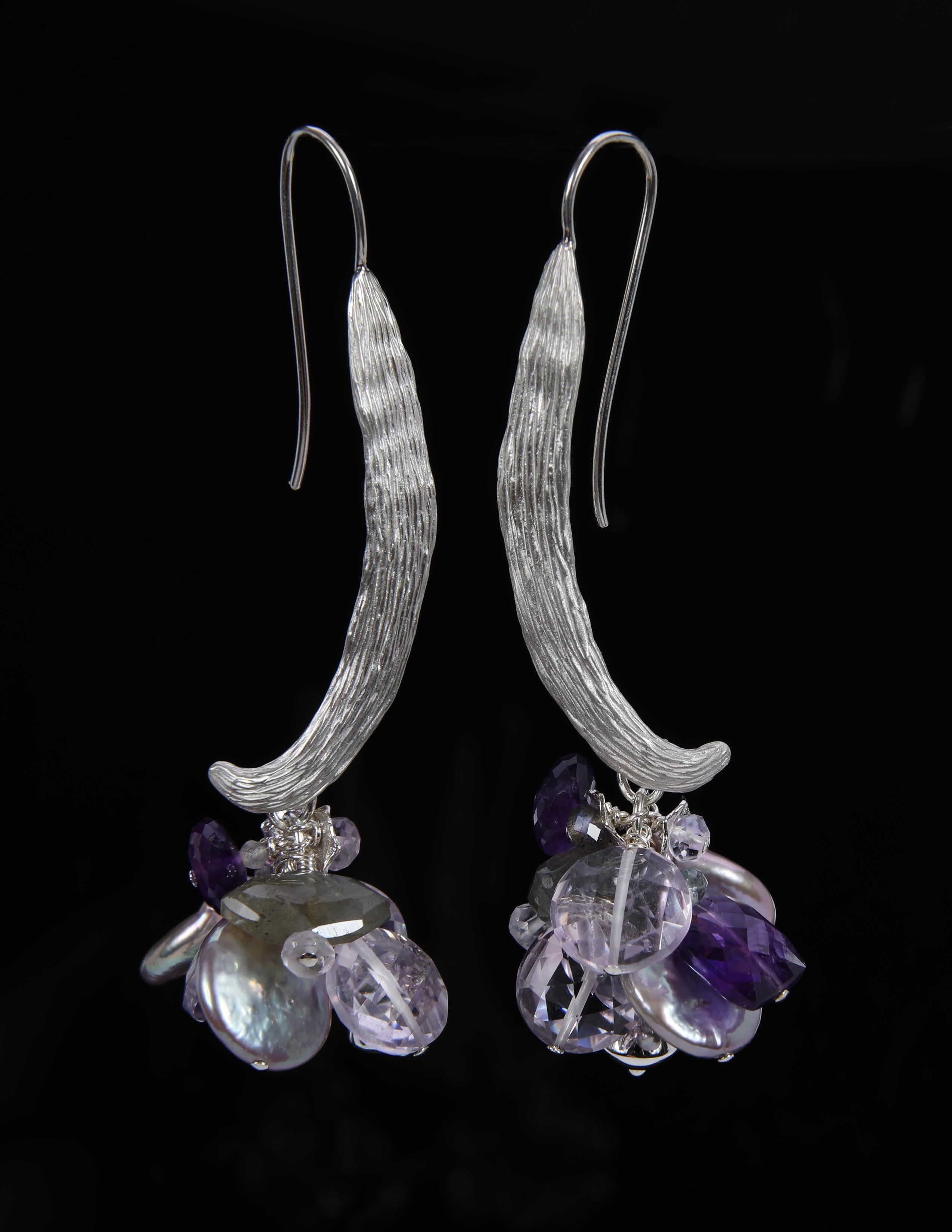 I wanted to offer an exciting look for silver ear wires like these amethyst, pearl, and labradorite beauties.  So White Orchid Studio created a custom ear wire for 
