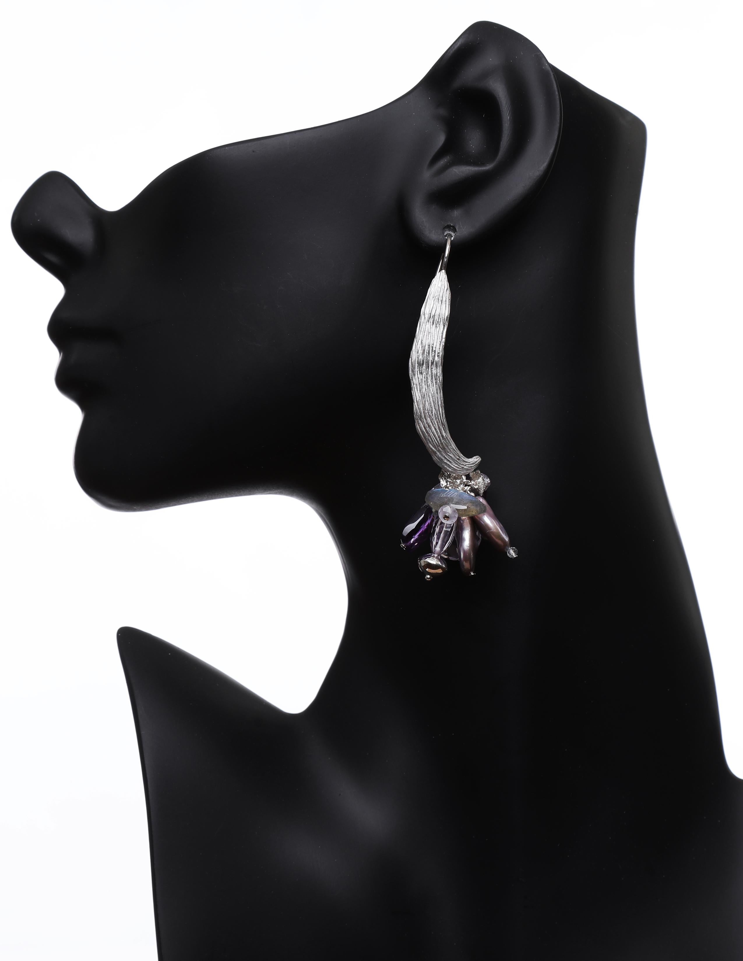 Bead Amethyst, Pearl, Labradorite, and Silver Dangle Ear Wire For Sale