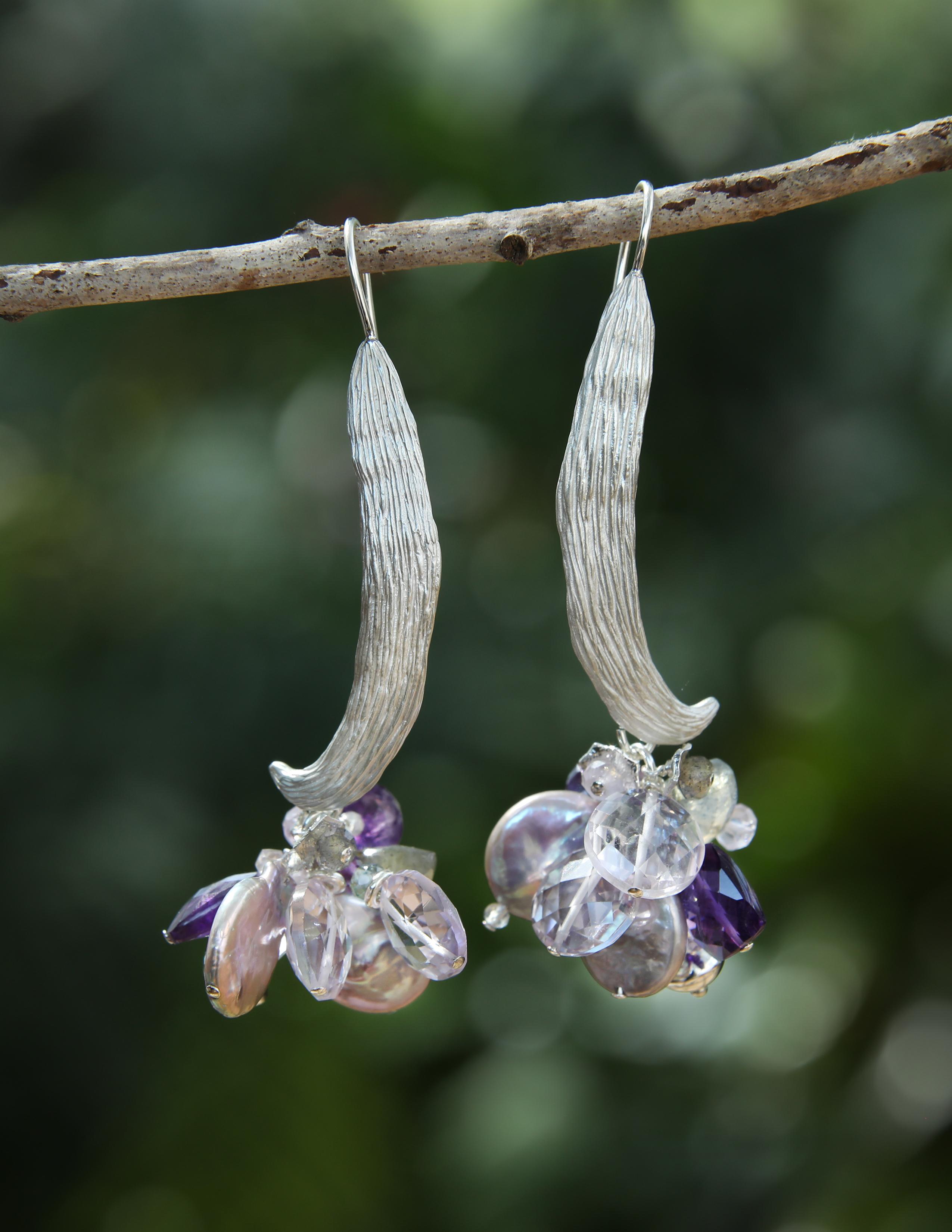 Contemporary Amethyst, Pearl, Labradorite, and Silver Dangle Ear Wire For Sale