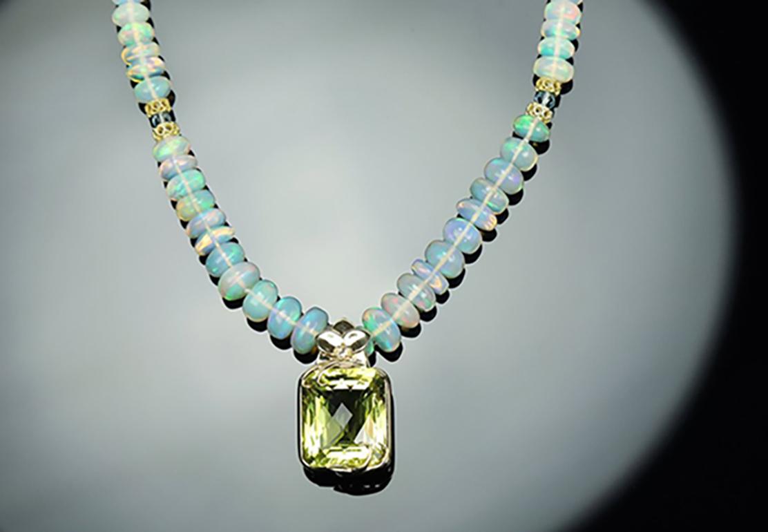 Contemporary Citrine, Welo Opal, Blue Topaz, and Gold Pendant Necklace For Sale