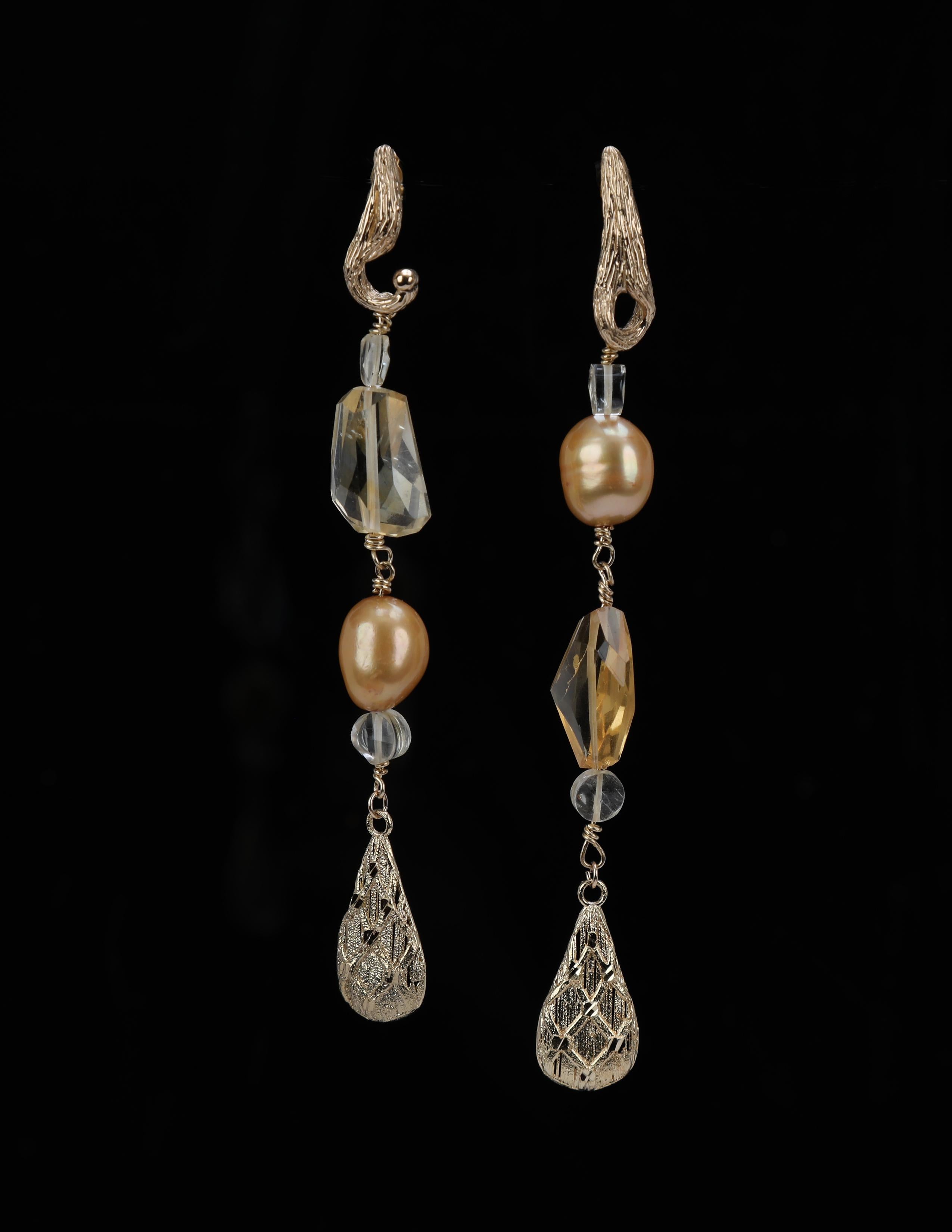 Contemporary Pearl, Citrine, and Gold Earrings For Sale