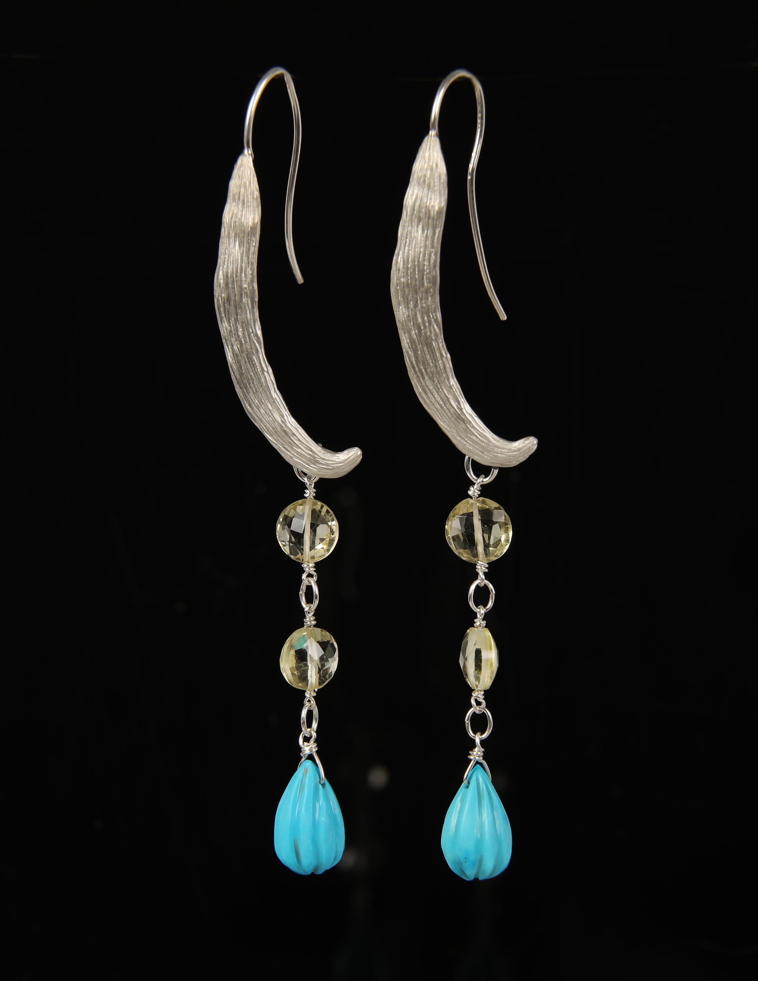 This turquoise, citrine, and silver dangle ear wire was created by White Orchid Studio for 