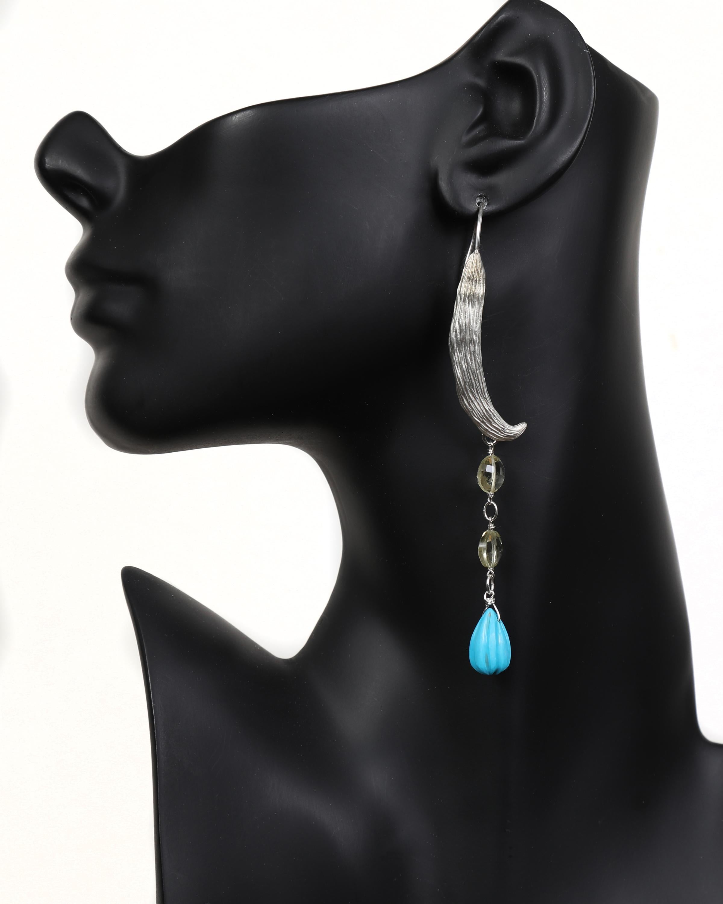 Contemporary Turquoise, Citrine, and Silver Dangle Ear Wire For Sale