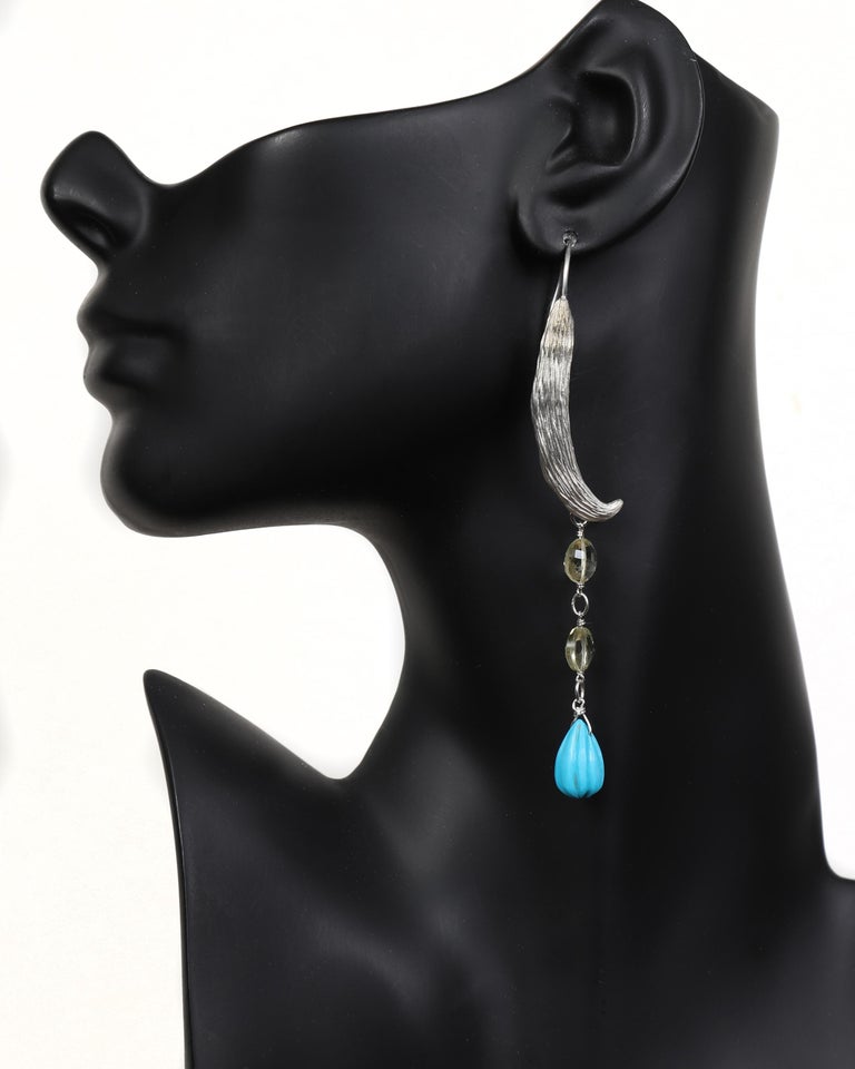 Contemporary Dangle Ear Wire:  Turquoise, Citrine, and Silver  For Sale