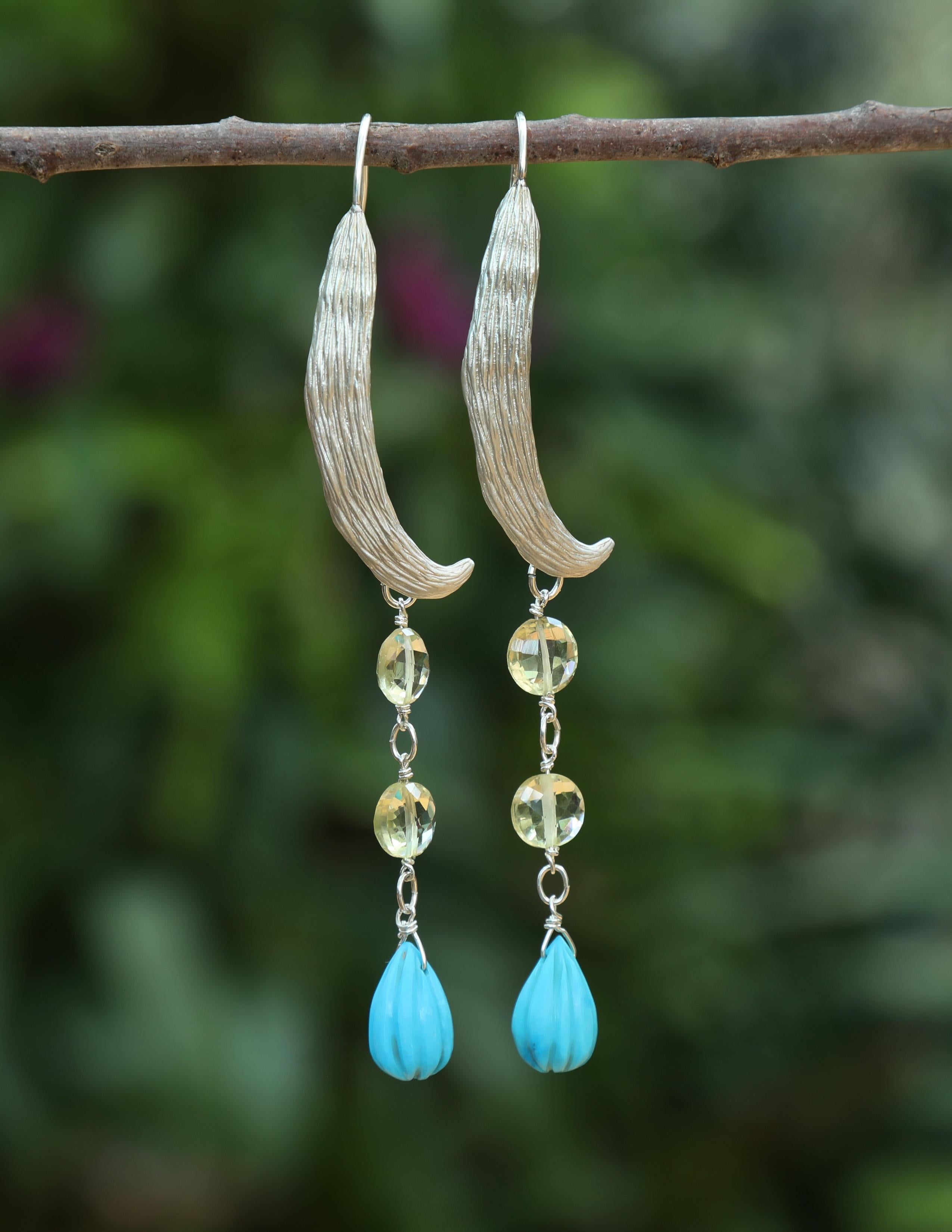 Bead Turquoise, Citrine, and Silver Dangle Ear Wire For Sale