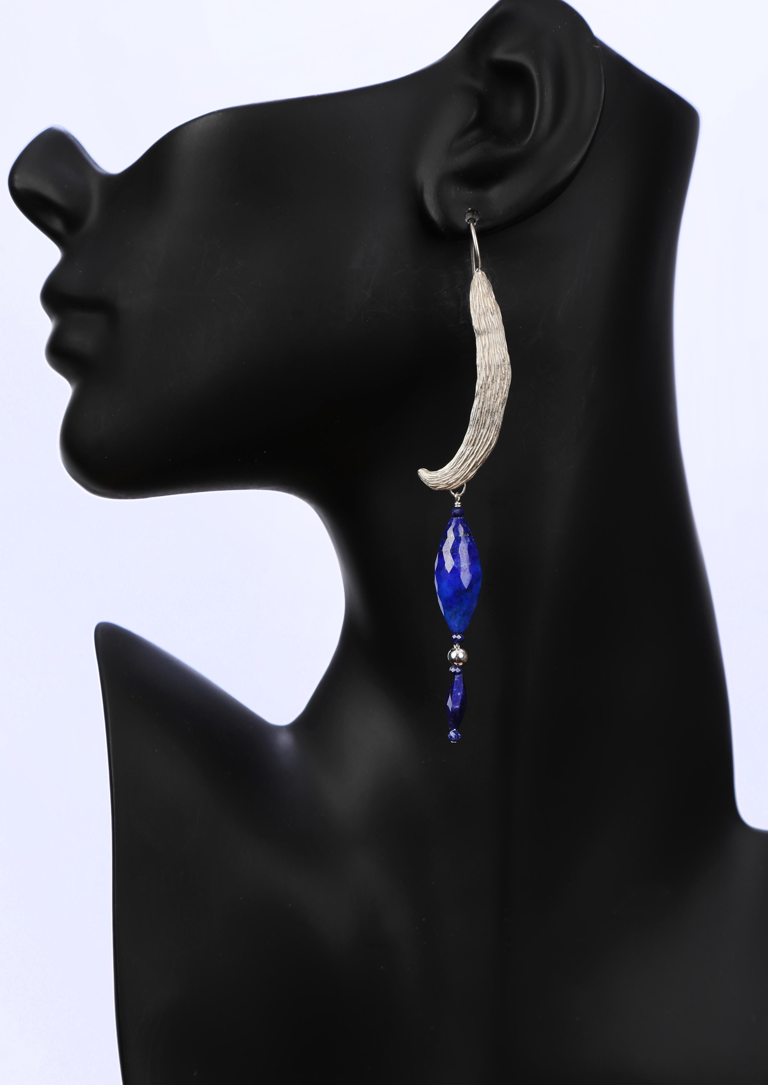 Bead Lapis Lazuli and Silver Dangle Ear Wire For Sale