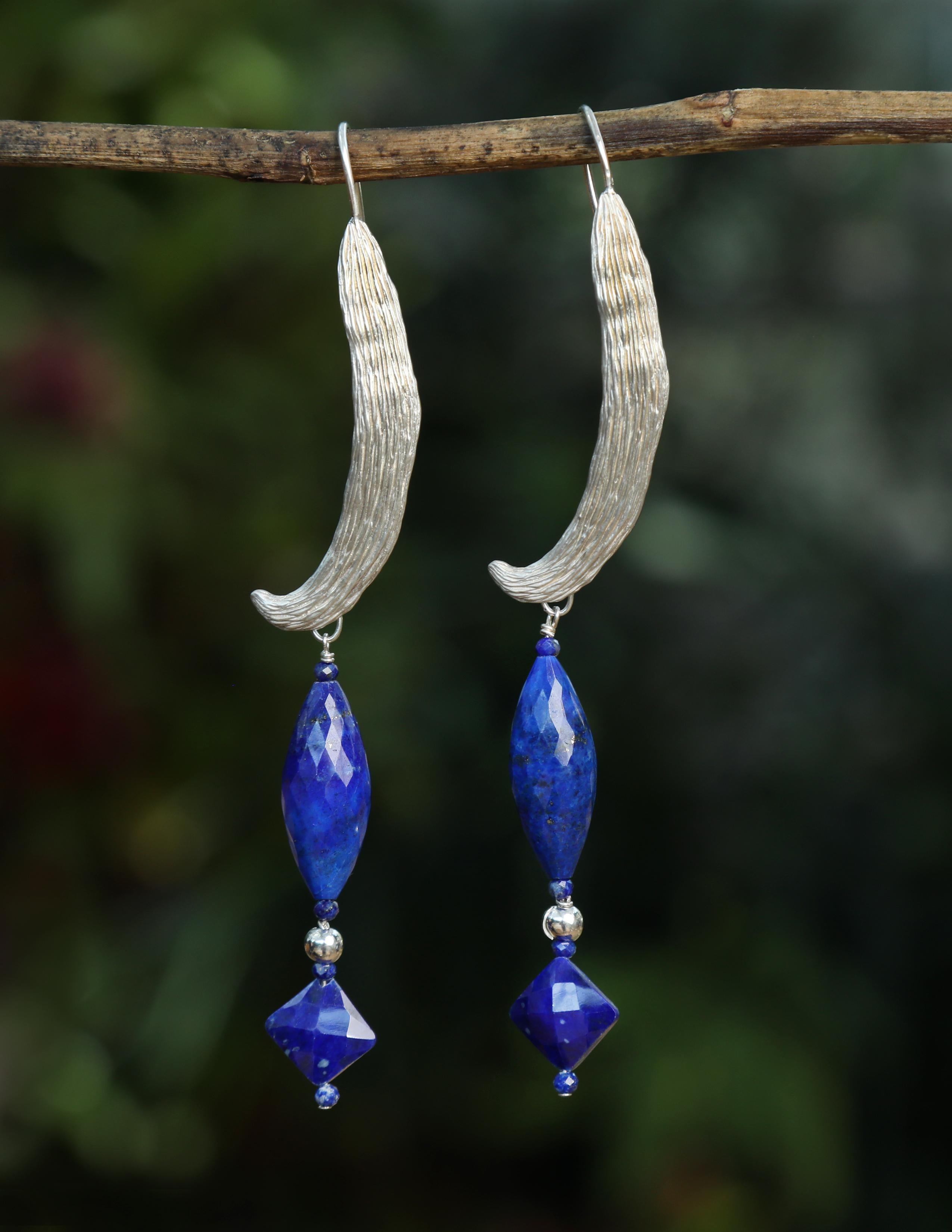 Contemporary Lapis Lazuli and Silver Dangle Ear Wire For Sale