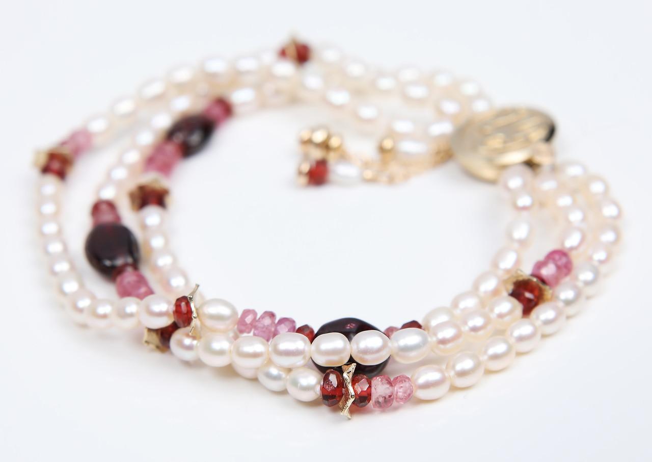 Contemporary White Orchid Studio Charming Pearls Pink Tourmaline Rubies Garnet Gold Bracelet