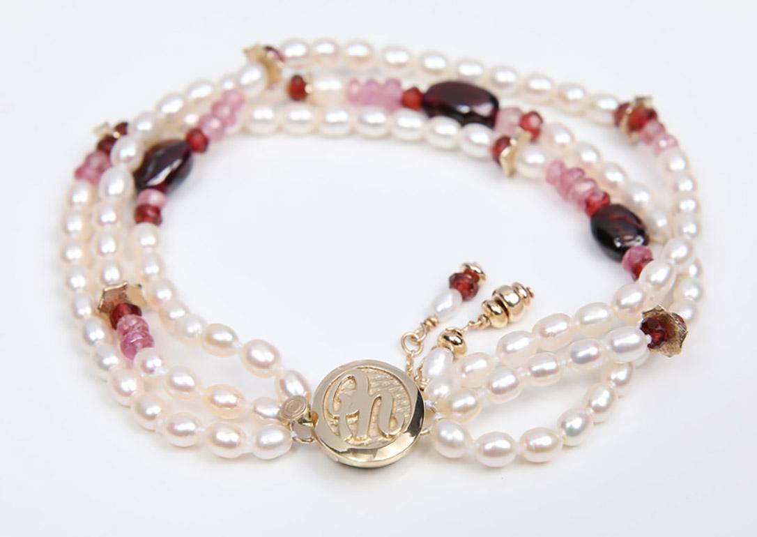 Bead White Orchid Studio Charming Pearls Pink Tourmaline Rubies Garnet Gold Bracelet