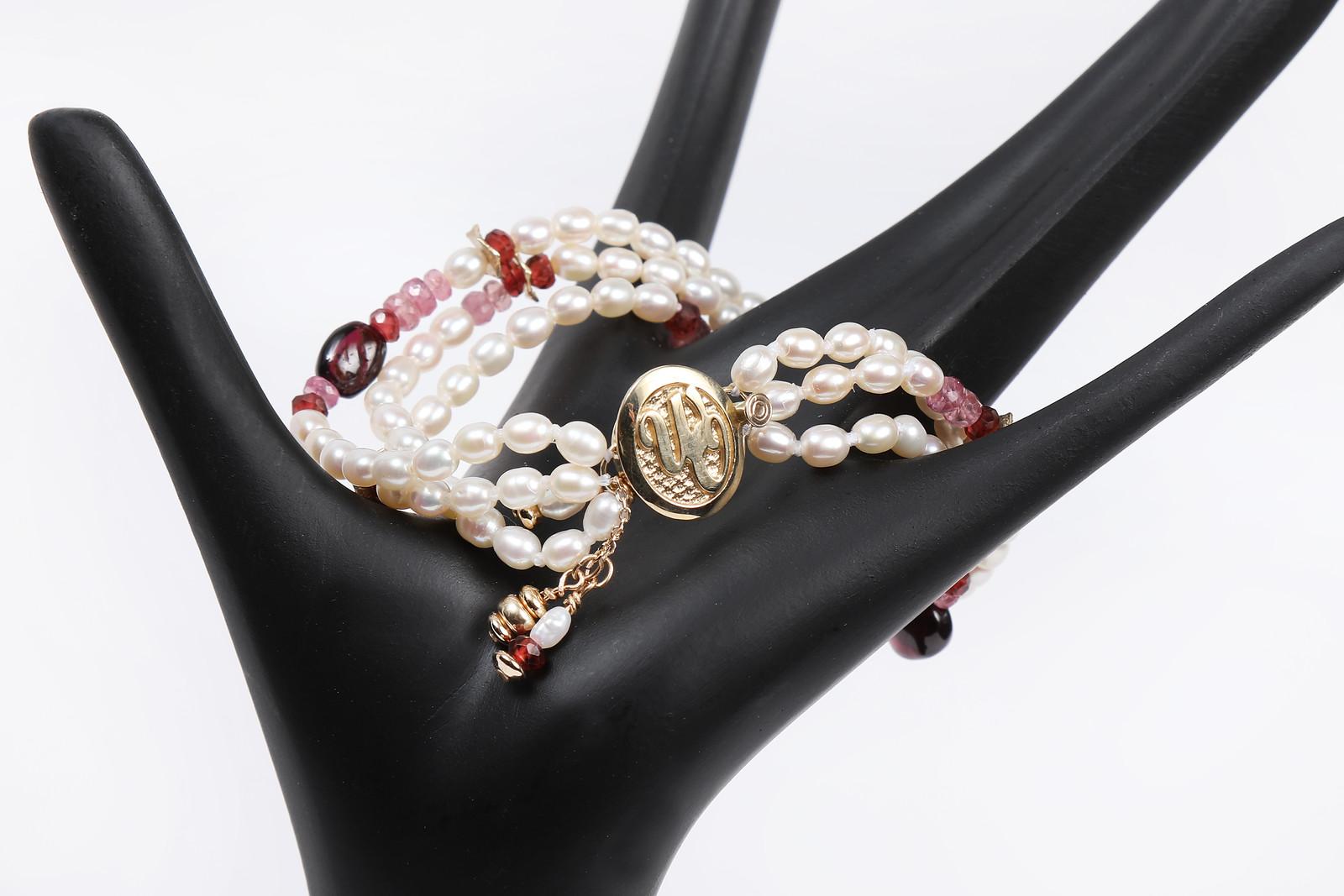 White Orchid Studio Charming Pearls Pink Tourmaline Rubies Garnet Gold Bracelet In New Condition In Athens, GA