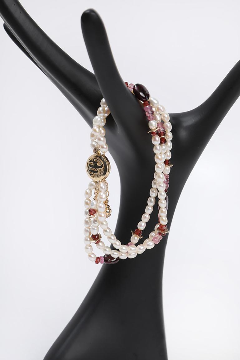 White Orchid Studio Charming Pearls Pink Tourmaline Rubies Garnet Gold Bracelet 1
