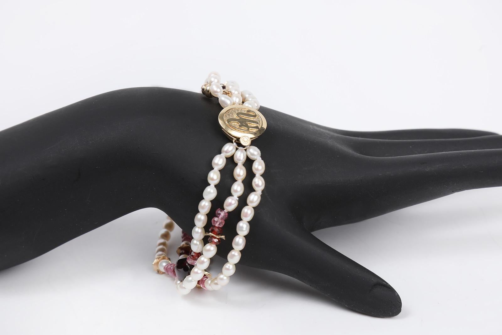 White Orchid Studio Charming Pearls Pink Tourmaline Rubies Garnet Gold Bracelet 2