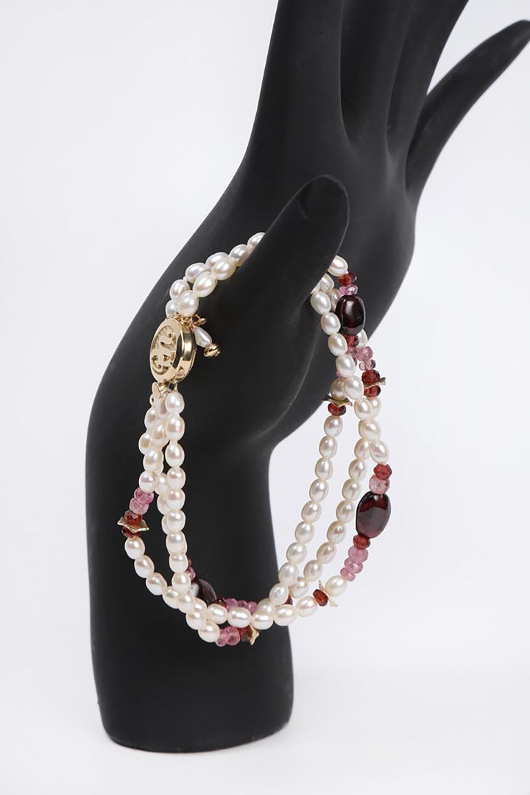 White Orchid Studio Charming Pearls Pink Tourmaline Rubies Garnet Gold Bracelet 3