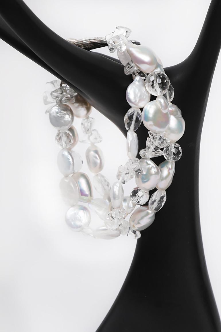 Women's White Orchid Studio Multi-strand Bead Bracelet Pearl Moonstone Quartz Silver